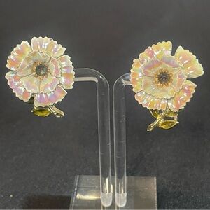 Vintage Signed Coro Iridescent Luster Enamel Floral Clip-On Earrings